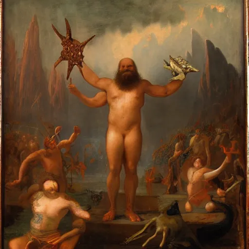 Image similar to copper by albert bierstadt, by frans francken the younger depressing. a photograph of a mythological scene. large, bearded man seated on a throne, surrounded by sea creatures. he has a trident in one hand & a shield in the other. behind him is a large fish. in front of him are two smaller creatures.