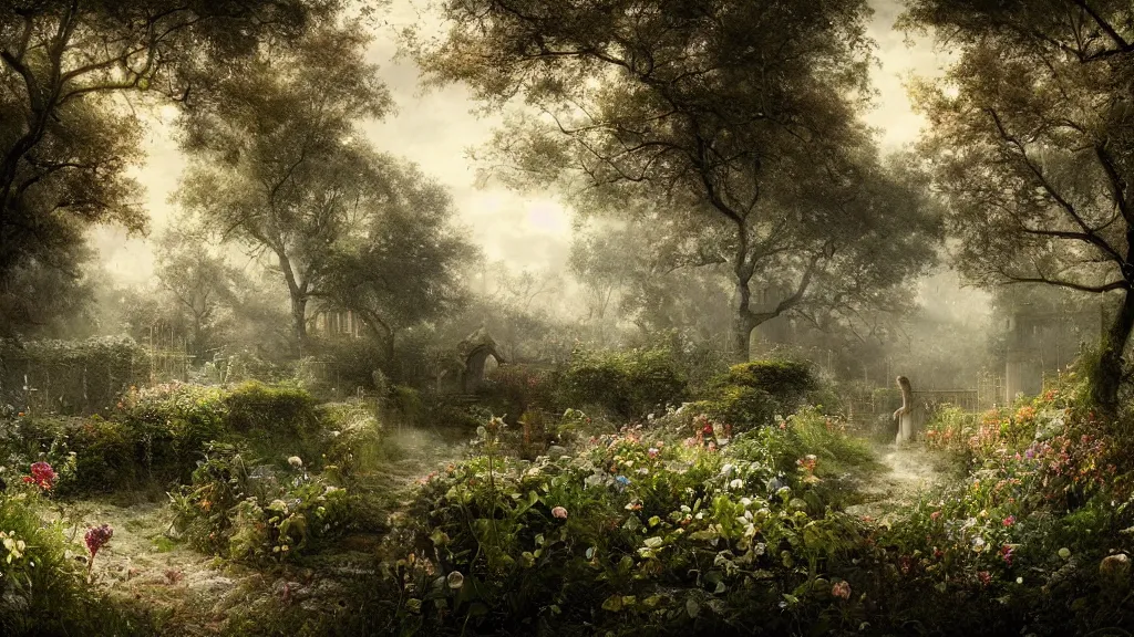 Prompt: the secret garden is overgrown with weeds and growth. no snow. andreas achenbach, artgerm, mikko lagerstedt, zack snyder, tokujin yoshioka