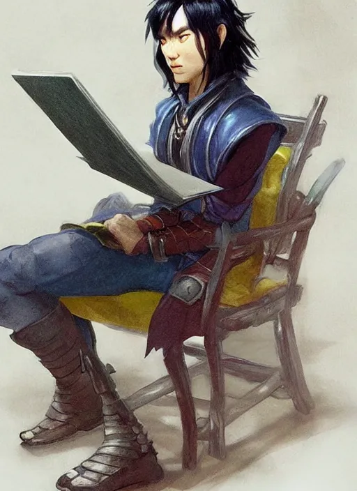 Image similar to asian with medium black hair man sitting at his desk look down at me, low angle, camera low, dndbeyond, bright, colourful, realistic, dnd character portrait, full body, pathfinder, pinterest, art by ralph horsley, dnd, rpg, lotr game design fanart by concept art, behance hd, artstation, deviantart, hdr render in unreal engine 5