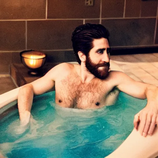 Image similar to cinestill of Jake Gyllenhaal sitting in a hot tub in the movie Waiting for Kristin