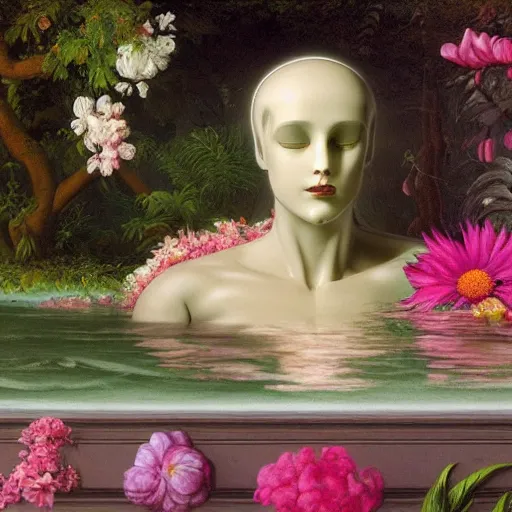 Prompt: award winning masterpiece with incredible details, a surreal vaporwave vaporwave vaporwave vaporwave vaporwave painting by Thomas Cole of an old pink mannequin head with flowers growing out, sinking underwater, highly detailed