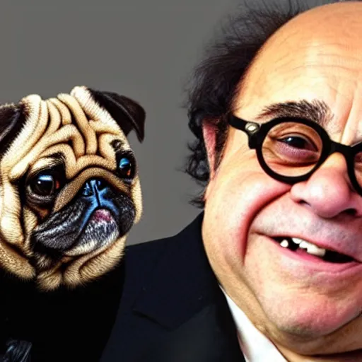 Image similar to close - up portrait of danny devito with a pug face, hyper realistic,