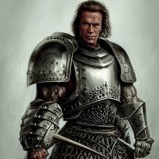 Prompt: arnold schwarzenegger wearing gothic plate armour and holding sword, fantasy, intricate, elegant, artstation, concept art, smooth, sharp focus