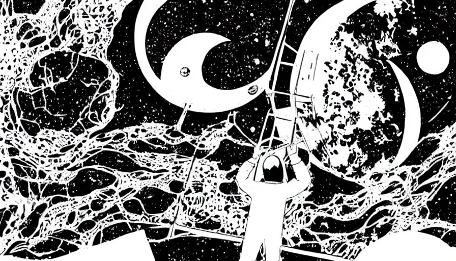 Image similar to travel to the moon in a dream, style of graphic novel, style of shuzo oshimi, black outline, on white, smooth, thin sharp lines, detailed