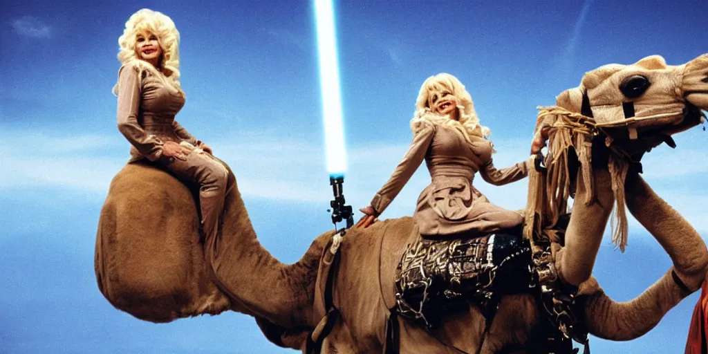 Prompt: Dolly Parton is riding a camel in a Star Wars space ship, minimal, space, electronic, robot, depth of field