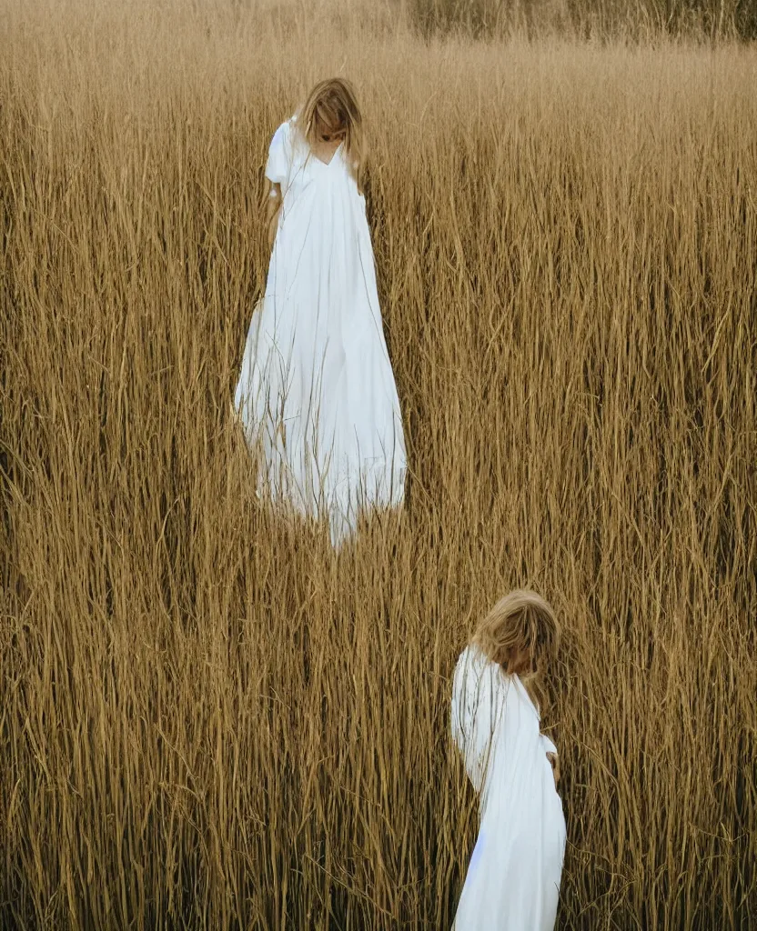 Prompt: “ a sad woman wearing a white gown standing in a field of tall grass ”