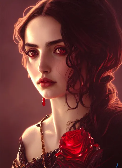 Prompt: portrait of ana de armas as a vampire lord, jewelry, greek, ruby, intricate, headshot, highly detailed, digital painting, artstation, concept art, sharp focus, cinematic lighting, illustration, art by artgerm and greg rutkowski, alphonse mucha, cgsociety