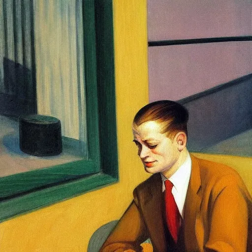 Prompt: a detailed painting, blonde man at a store, edward hopper,