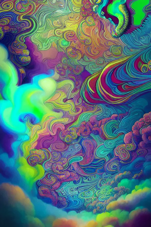 Image similar to colorful liquid smoke and clouds forming faces, animal shapes and flowers, an extremely colorful psychedelic experience, dmt, psilocybin, lsd, intricate, elegant, highly detailed, digital painting, artstation, smooth, sharp focus, illustration, art by krenz cushart, hana yata, octane render, unreal engine, 8 k