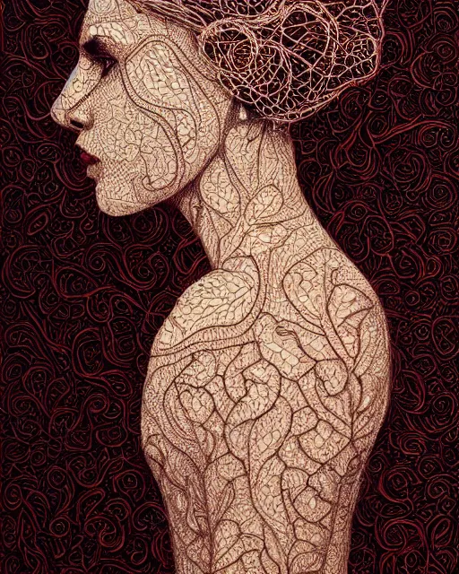 Prompt: a woman's face in profile, made of intricate decorative lace leaves, in the style of casey weldon, dark and moody