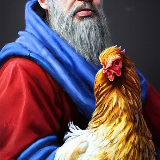 Prompt: a portrait of a wizard with his pet chicken by Johan Grenier, blue robe, long beard, ArtStation, realistic, detailed