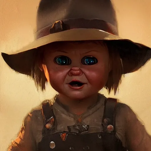 Image similar to the doll chucky playing this role of indiana jones, oil painting, by greg rutkowski