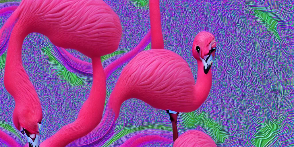 Image similar to highly detailed generative art, irregular fractal of flamingos, background of irregular warped polygons, 4 k hdr