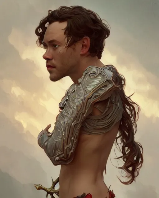 Image similar to character portrait of will young, intricate, wild, highly detailed, digital painting, artstation, upper body, concept art, smooth, sharp focus, illustration, art by artgerm and greg rutkowski and alphonse mucha