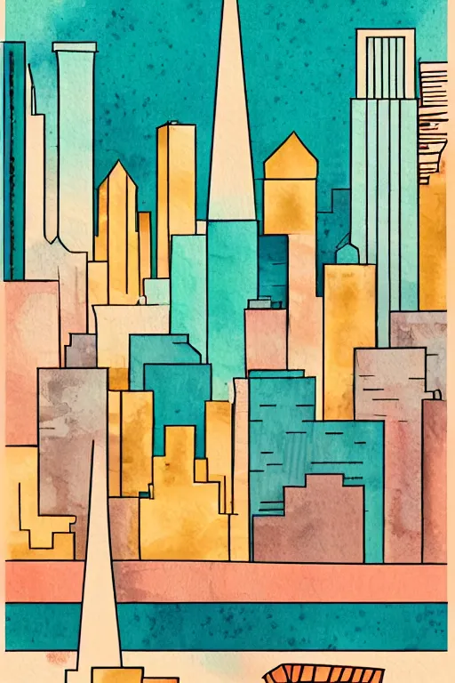 Prompt: minimalist colorful watercolor line art of duabi, art deco, cityscape, matte drawing, poster art