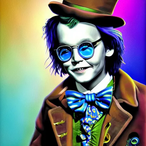 Image similar to portrait of young johnny depp as willy wonka, highly detailed, centered, solid color background, digital painting