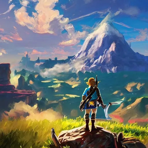 Image similar to oil painting of zelda breath of the wild, mountain in the background. beautiful, rpg, dnd, artgerm, disney, pixar