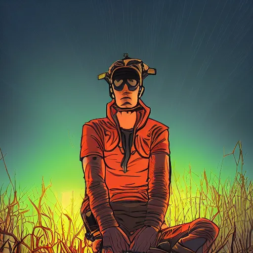 Prompt: in the style of max prentis and deathburger and laurie greasley a young explorer wearing a cyberpunk headpiece sitting in a meadow, sunset, highly detailed, 8 k wallpaper