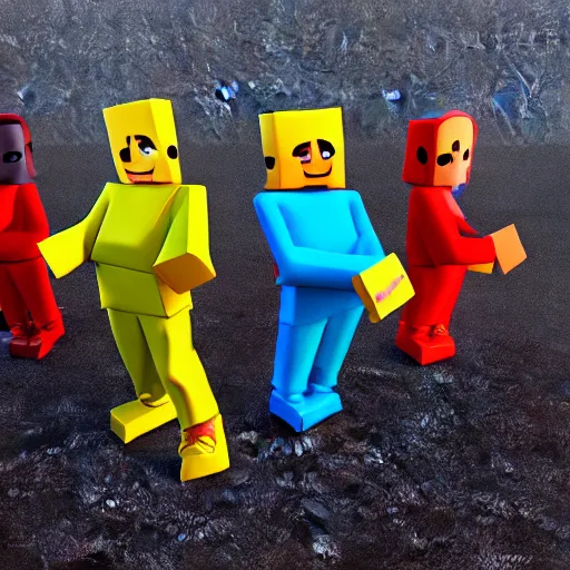 Prompt: high quality 3d render of dancing block figures looking like roblox figures, bright and fun colors, octane render, trending on artstation