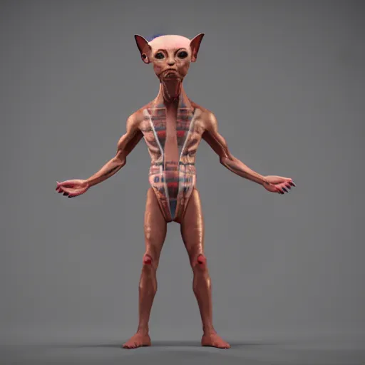 Image similar to Sphynx cat standing like a man, with pectoral muscles, wearing a fabric jacket, long tattoos on her hands, 3d render