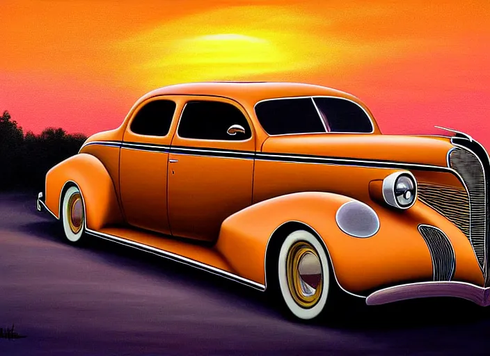 Image similar to beautiful painting, 1 9 3 7 pontiac sedan, two tone, tan with dark brown fenders, california background, sunset, dramatic lighting