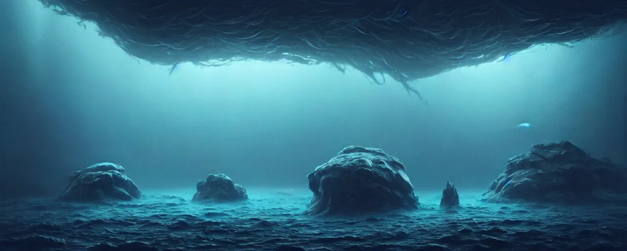 Image similar to ultra realistic horror photo of a dimly lit alien underwater landscape, very intricate details, focus, full frame image, high contrast, cgi render, artwork by tooth wu and wlop and beeple and greg rutkowski, award winning