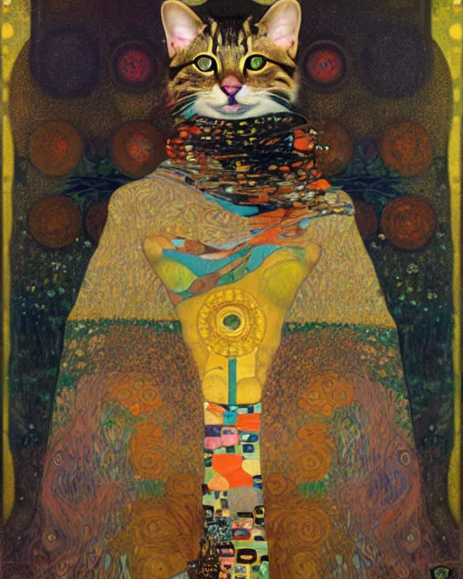 Image similar to wild forest cat portrait an oil painting splashes with many colors and shapes by gustav klimt greg rutkowski and alphonse mucha, polycount, generative art, psychedelic, fractalism, glitch art