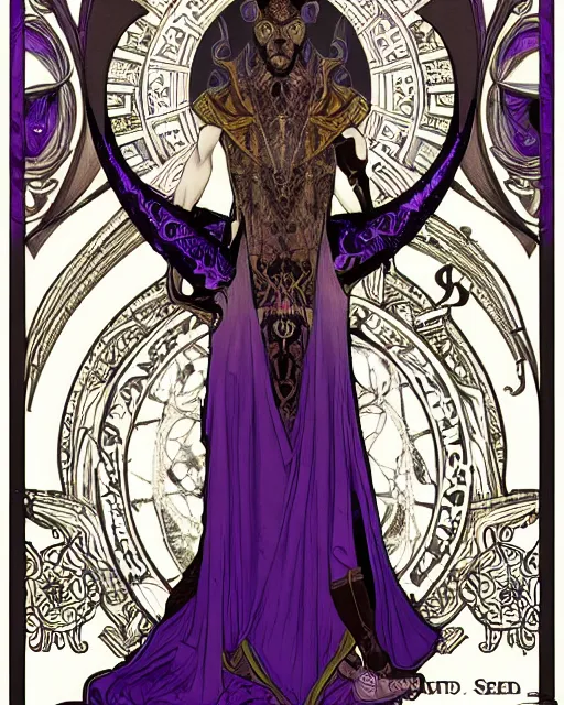 Prompt: tarot card, half - body, the devil, demon male, black and purple robes, beautiful, medieval, super detailed, ornate, by alphonse mucha, stjepan sejic, symmetry, 8 k, sharp focus