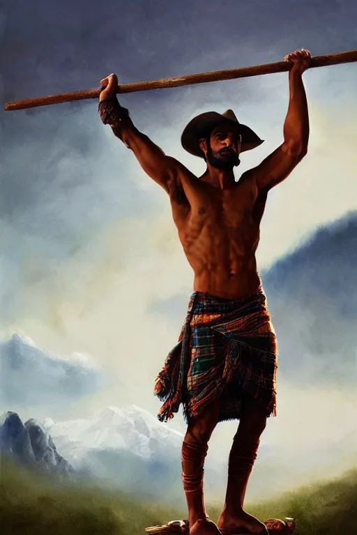 Prompt: an ethereal dramatic painting of a handsome rugged shirtless desi hiker | he is wearing a plaid kilt and cowboy hat, and holding a wooden pole | background is mountains and clouds | homoerotic, dramatic lighting, realistic, highly detailed | by clyde aspevig, by paul cadmus, by bill ward | trending on artstation