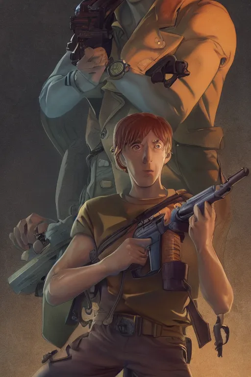 Image similar to scooby doo holding a gun, character art portrait, anime key visual, official media, illustrated by tom bagshaw, wlop, kentaro miura, extremely detailed, 8 k, trending on artstation, cinematic lighting, beautiful