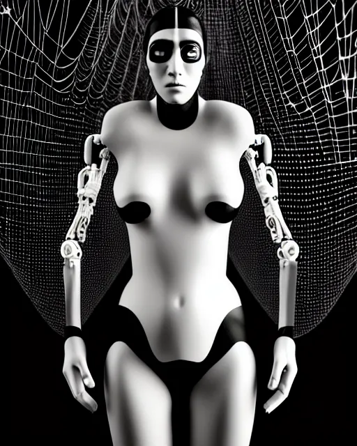 Image similar to black and white cyborg-plant goddess high quality photo, artificial intelligence, bio-mechanical bio-luminescence, artificial complex spider web, neurons, nerve cells, octane render, cinematic, rim light, hyper realism, photo-realistic, high detail, 8k, in the style of Steven Meisel and Dora Maar and H.G. Giger