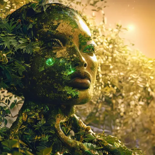 Prompt: beautiful overgrown foliage taking over an ( beautiful abandoned human - shaped robot body laying on the ground ), close - up, 3 5 mm, biopunk, bokeh, beautiful, lens flare, emotional, sweet, flowers, detailed, picture, trending on artstation, award - winning, shiny, golden, angle view, octane render