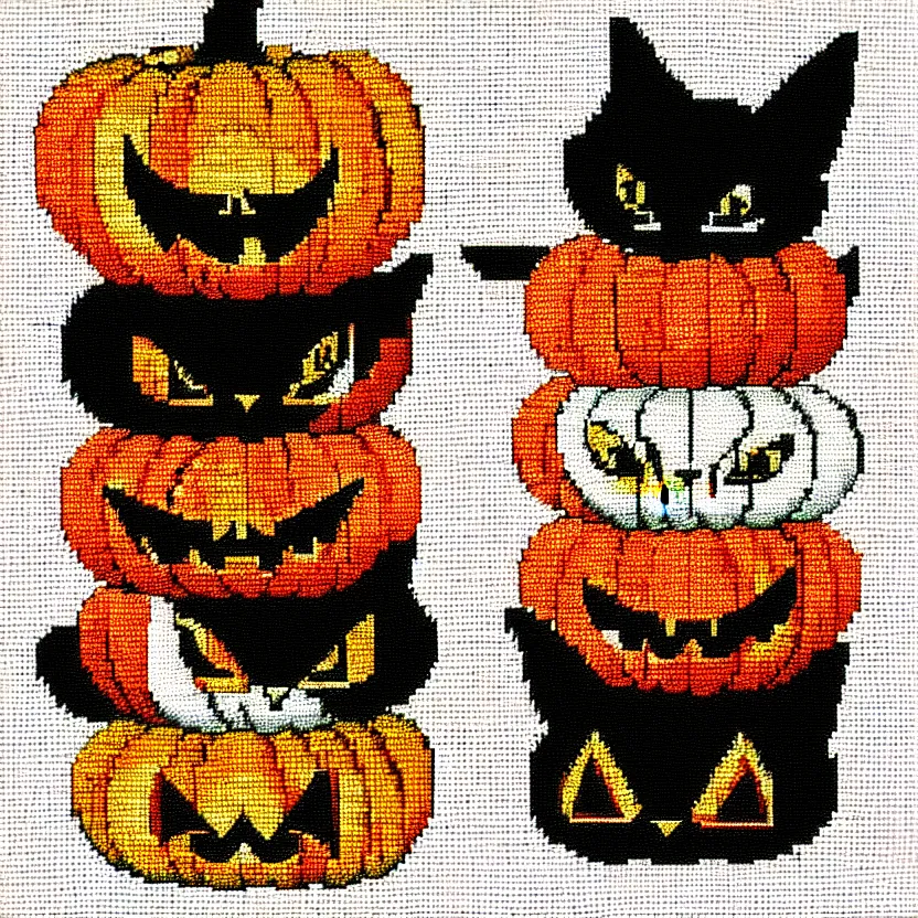 Prompt: cross stitch of adorable pumpkins stacked, cat, bat, etsy art, cute, 8 k,