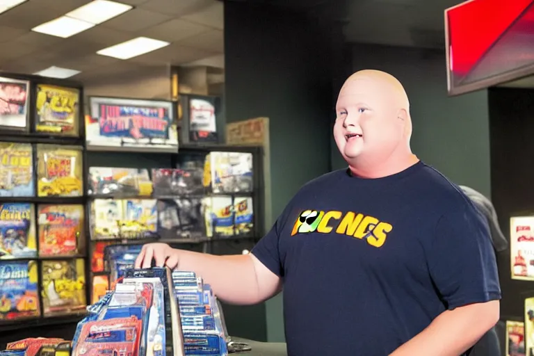 Image similar to bobby hill from king of the hill working behind the counter of a game stop, movie still, from the new clerks movie, 8 k, hd