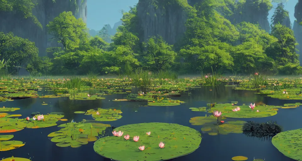 Image similar to A beautiful calm pond full of lilypads infront of a scenic mountain range, rendered by Beeple, Makoto Shinkai, syd meade, simon stålenhag, environment concept, digital art, unreal engine, WLOP, trending on artstation, low level, 4K UHD image, octane render,