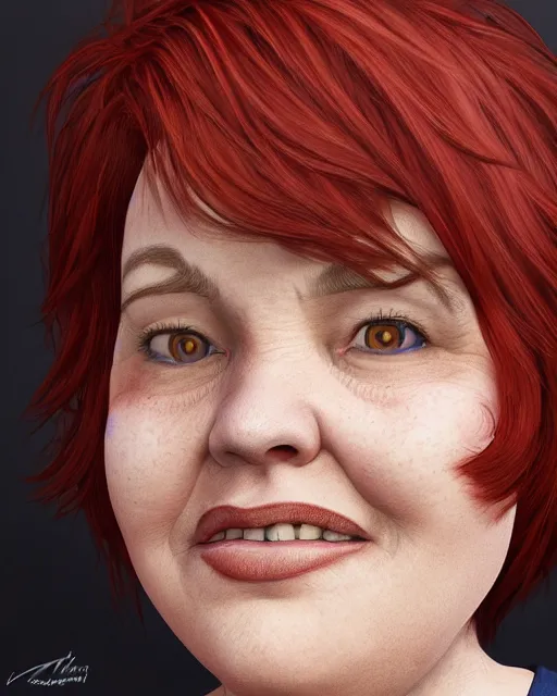 Prompt: portrait of happy short and plump 5 0 - year - old woman with red hair and, kind face, short hair, wearing in blouse, hyper realistic face, beautiful eyes, character art, art by mark brooks, hyperdetailed, cryengine, trending on artstation, digital art