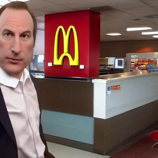 Image similar to Bob Odenkirk works at Mcdonalds, background of McDonalds interior