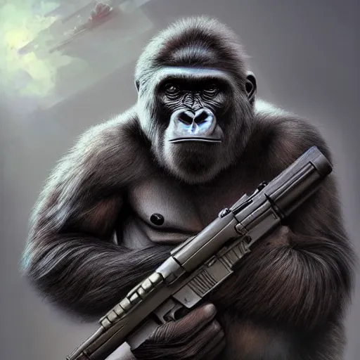 Image similar to detailed science - fiction character portrait of a gorilla with a gun, wild, highly detailed, digital painting, artstation, concept art, smooth, sharp focus, illustration, art by artgerm and greg rutkowski and alphonse mucha