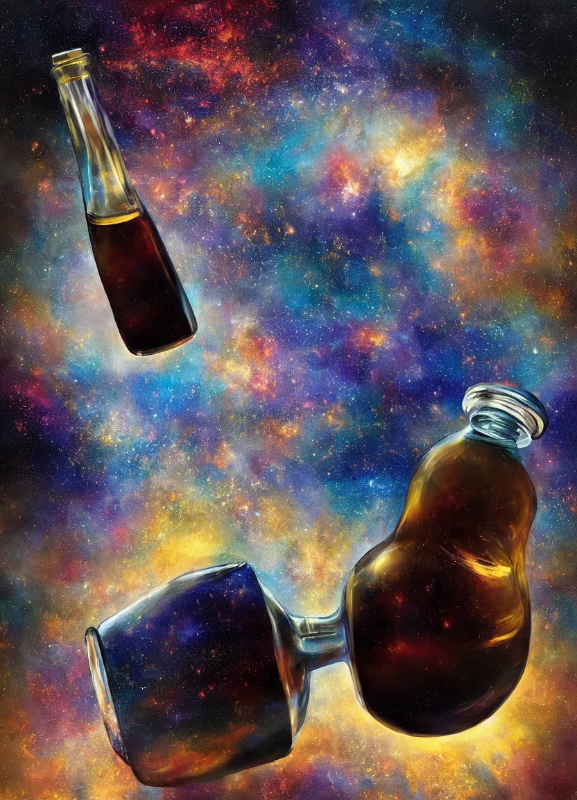 Prompt: high intricate dreamy painting of the milkyway inside a bottle, full shot, neil gaiman, maria panfilova, andrea savchenko, mike kime, ludovic plouffe, qi shengluo, oliver cook, julian calle, eddie mendoza, trending on artstation
