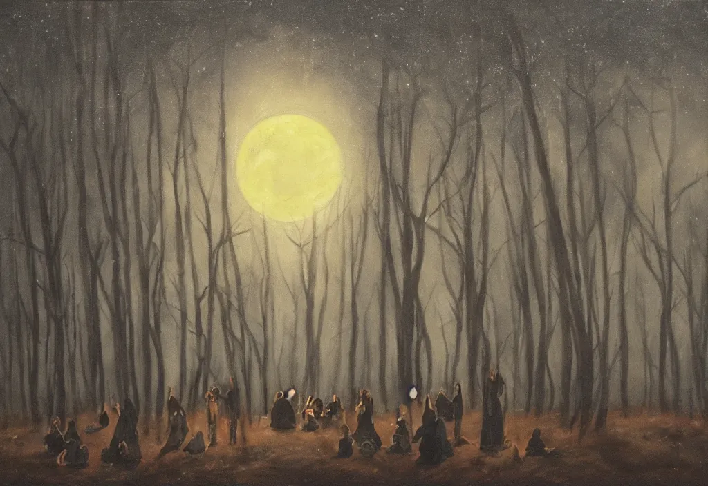 Prompt: a tribe of women gathered in a forest, north, mysterious, dark, oil painting, ominous, night sky, full moon, by hjalmar munsterhjelm, by fanny churberg