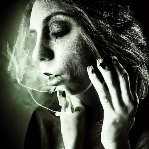 Prompt: marijuana bud woman smoking, epic award winning professional profile photography, dystopian esoteric surrealism, dramatic cinematic lighting, high times, 8 k