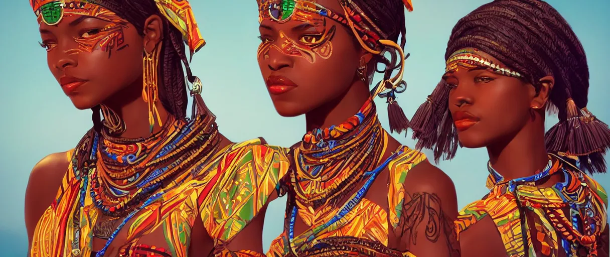 Image similar to very beautiful tribal women africa, frivolous appearance, ioyful vibe and lighting, cgsociety, artstation, in the style of artgerm