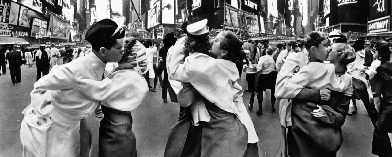 Image similar to alfred eisenstaedt's photograph of an american sailor kissing a woman in times square, spaghetti advertisement in background 1 9 4 5, canon 5 0 mm, kodachrome, retro