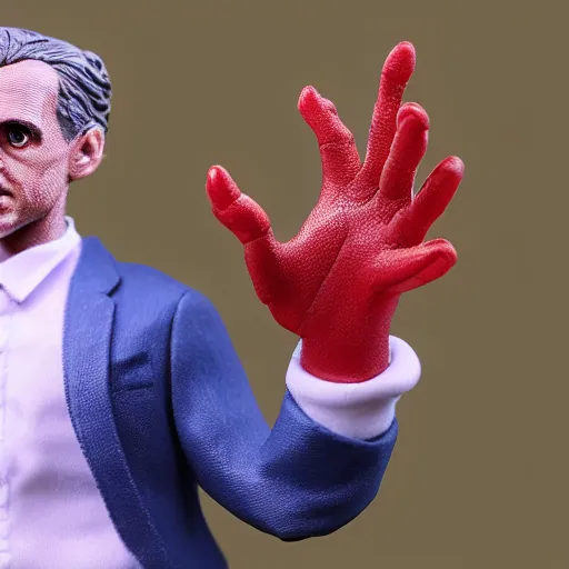 Image similar to Picture of a Jordan Peterson action figure, with real detachable lobster hands