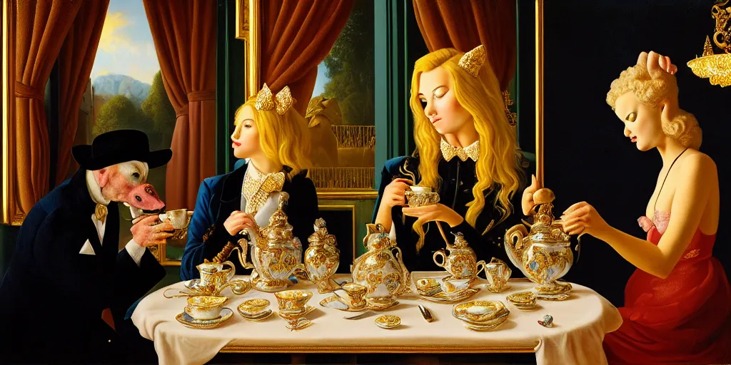 Image similar to a blonde and a mallard and a pig having tea at the ritz, abstract oil painting by gottfried helnwein pablo amaringo raqib shaw zeiss lens sharp focus high contrast chiaroscuro gold complex intricate bejeweled