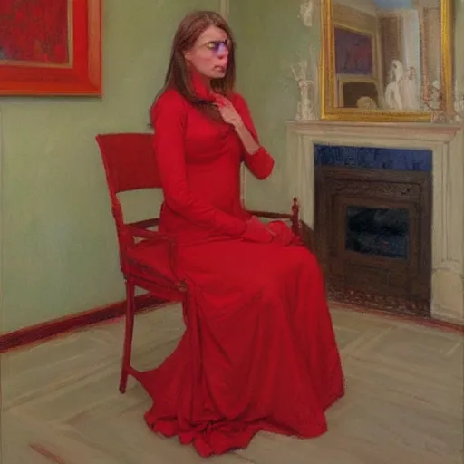 Image similar to woman wearing red, in a ( white room ), by donato giancola.