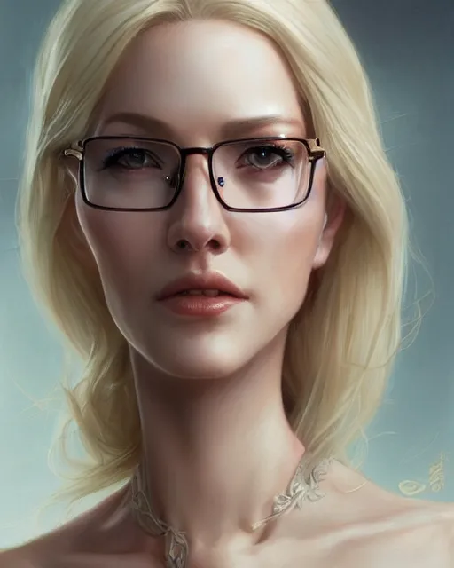 Prompt: a thin blonde middle aged fantasy queen with glasses, elegant, real life skin, intricate, high detailed, artstation, concept art, smooth, sharp focus, art by artgerm and greg rutkowski