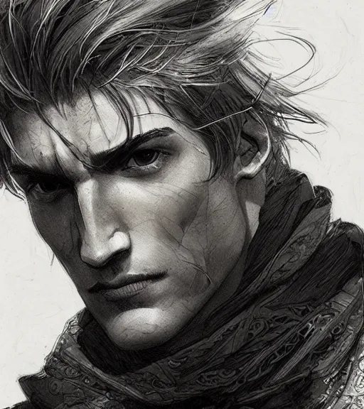 Image similar to portrait of xqc with a strong jawline, pen and ink, intricate line drawings, gigachad, by craig mullins, ruan jia, kentaro miura, greg rutkowski, loundraw