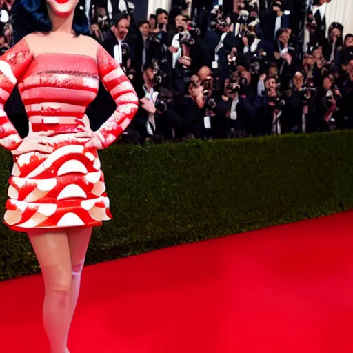 Image similar to katy perry in burger dress. red carpet photograph, paparazzi, octane render, 4 k