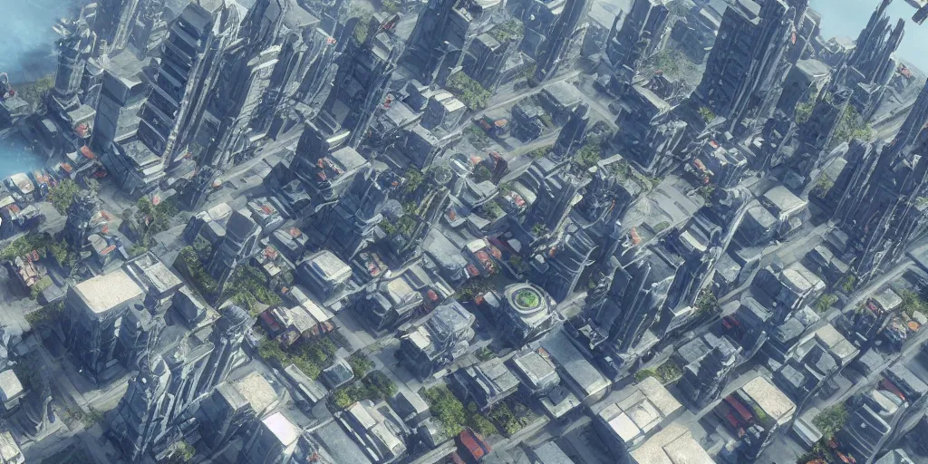 Image similar to city on jupiter, get a bird's - eye view, fantasy, unreal engine, octane, very detail